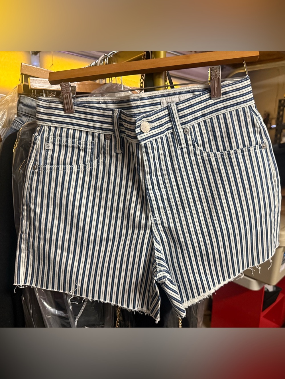 AG Adriano Goldschmied Blue and White Striped Denim Shorts
